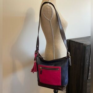COACH- Legacy Colorblock Leather Duffle Shoulder Bag. Pink / blue / brown color